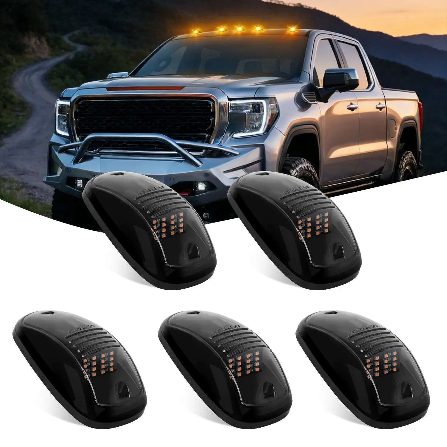 Nilight 5-Pieces 16x 3528 LEDs Smoked PC Lens Amber Cab Roof Marker Kit, Waterproof Surface-Mount LED Car Lights, Switch-Included Roof Running Lights, Universal Truck Accessories for Ford Dodge Ram Pickups