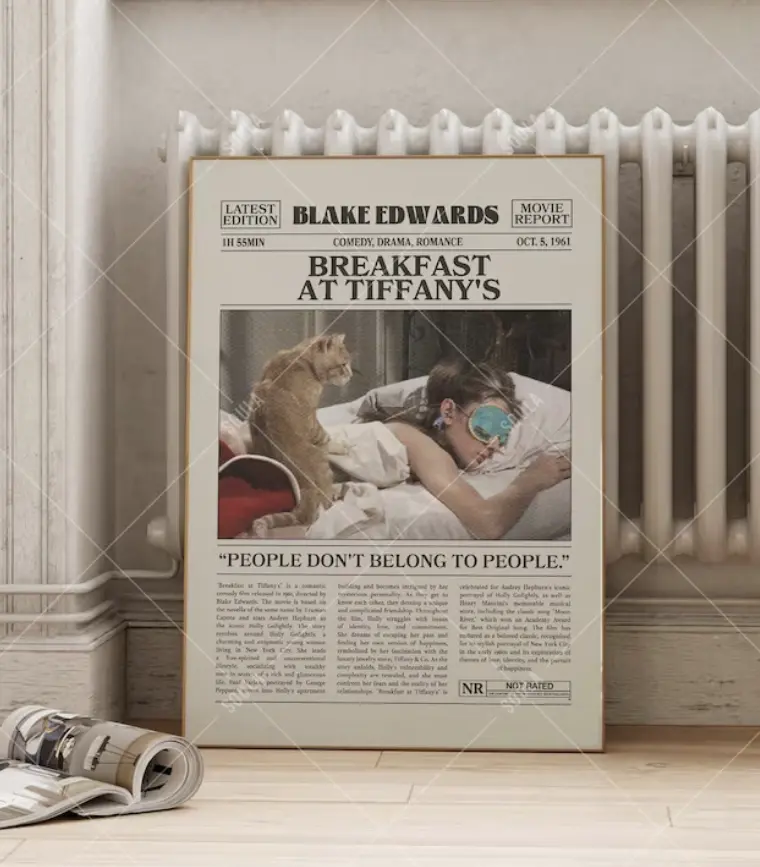 Breakfast at Tiffany’s Movie Poster, Audrey Hepburn Retro Newspaper Wall Art, Vintage Black White Print, Romantic Aesthetic Decor
