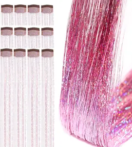 12-Piece Pink Glitter Hair Extension Clip Set, Fairy Shimmer Hair Extension Set, Heat-Resistant and Sparkling Hair Accessories, Suitable for Girls, Women, and Children (Pink)