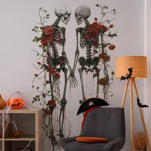 Skeleton & Rose Pattern Wall Sticker, Creative Halloween Themed Wall Decal, Self Adhesive Wall Decor for Home Living Room Bedroom, Ornaments