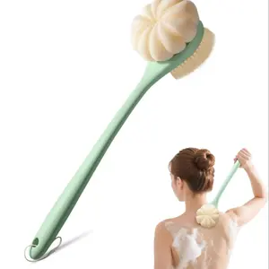 Back Shower Scrubber Brush, 15.7 Inch Loofah Handle, Back Bath Brush with Bristles and Loofah, Dry Body Brush for Hard-To-Reach Areas, Exfoliating Bath Tool