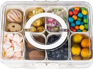 Divided Serving Tray with Lid and Handle - Snackle Box Charcuterie Container for Portable Snack Platters - Clear Organizer for Candy, Fruits, Nuts, Snacks - Perfect for Party, Entertaining