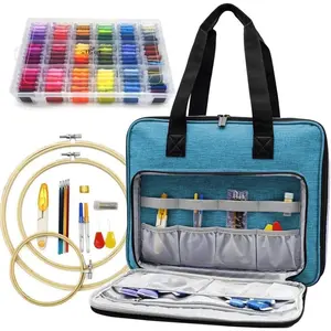 Full Range Embroidery and  Stitch Starter Kit with  Storage Organizer Bag, Includes 99 DMC Coded  Threads, 9 Metallic Floss, 3 Hoops, ,  +  (Turquoise)