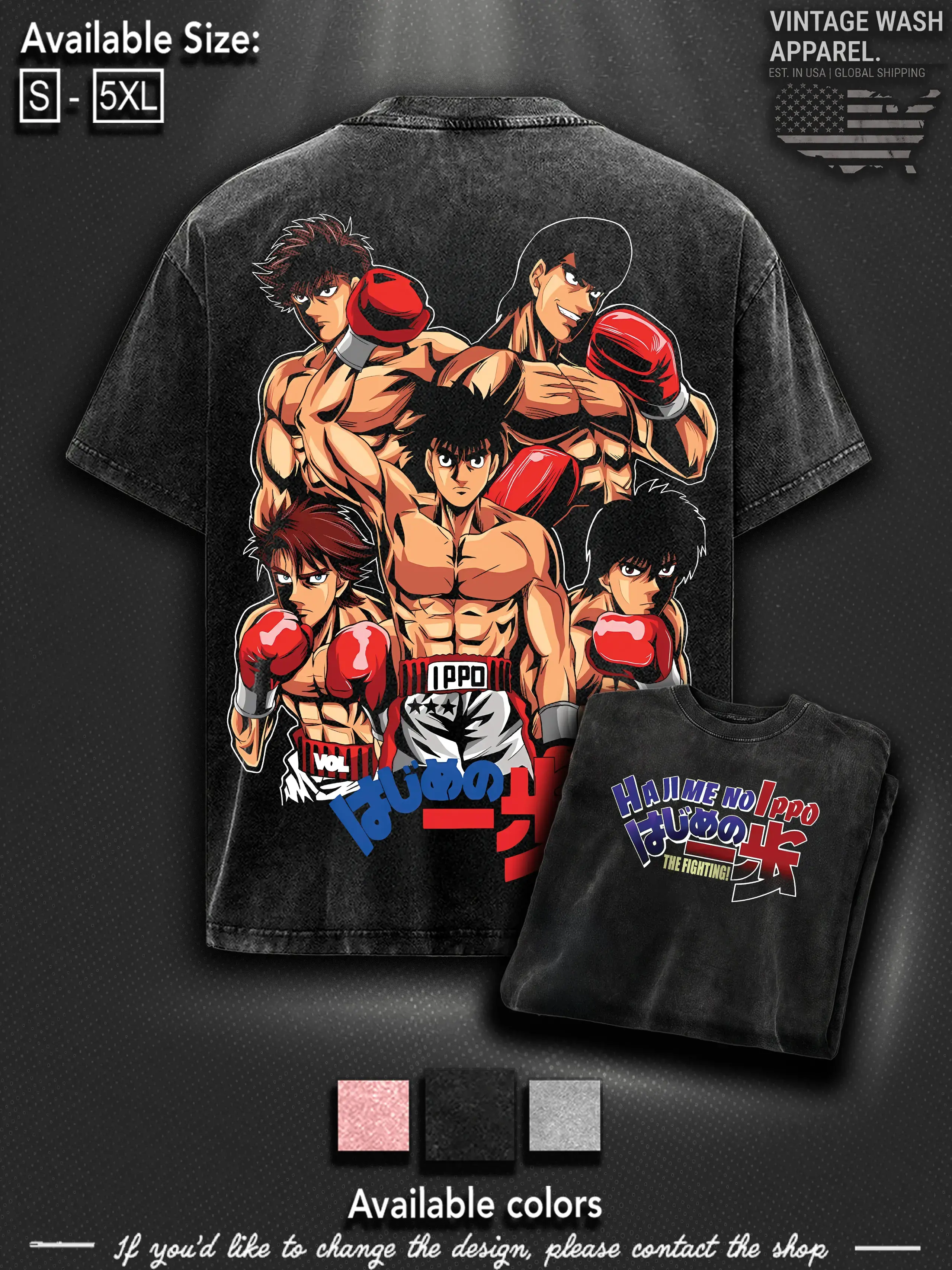 Makunouchi Hajime No Ippo Anime Manga Game Double Printed Acid Washed Tee T-Shirt Graphic tees 90s Oversized Top Streetwear Soft merch
