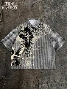 Men’s Grunge Plaid Angel Print Cropped Button-Down Shirt - Multi-Wear Y2K Dark Academia Oversized Short Sleeve, Breathable Plaid Fabric Casual Streetwear Top, Versatile All-Day Wear Layering Shirt for Alt Fashion, Casual Loose Shirt