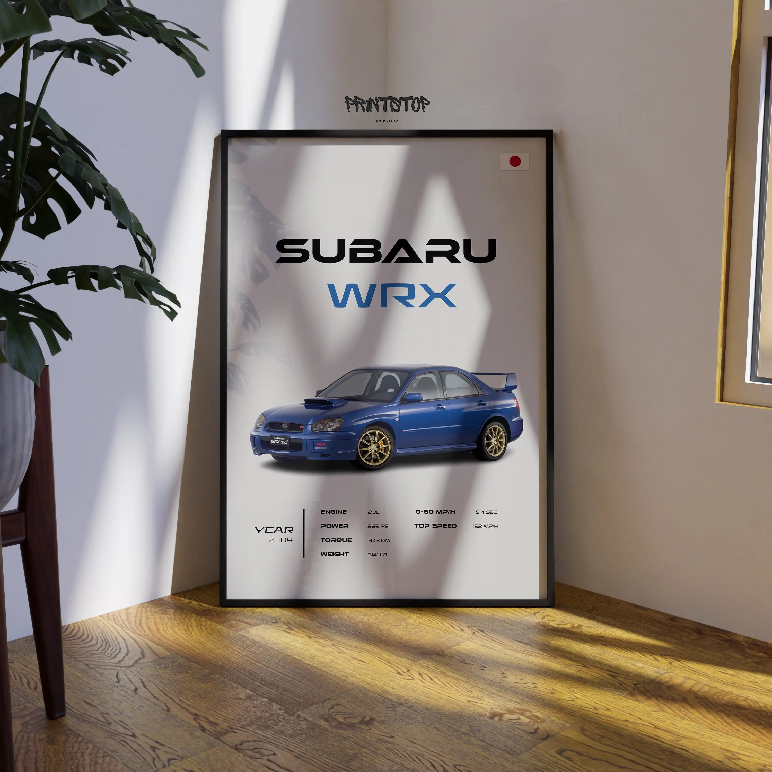 Subaru WRX 2004 Poster: Classic Blue Rally Car Art