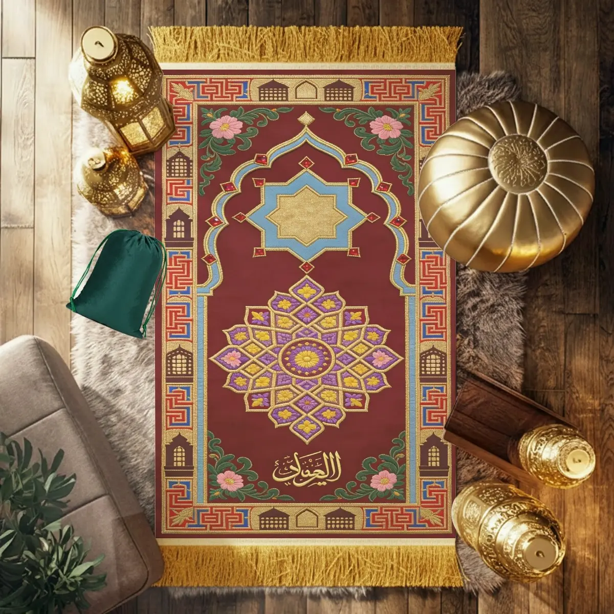 Mihrab arch Portable Prayer Mat With Storage Bag, Islamic Sajjadah ...