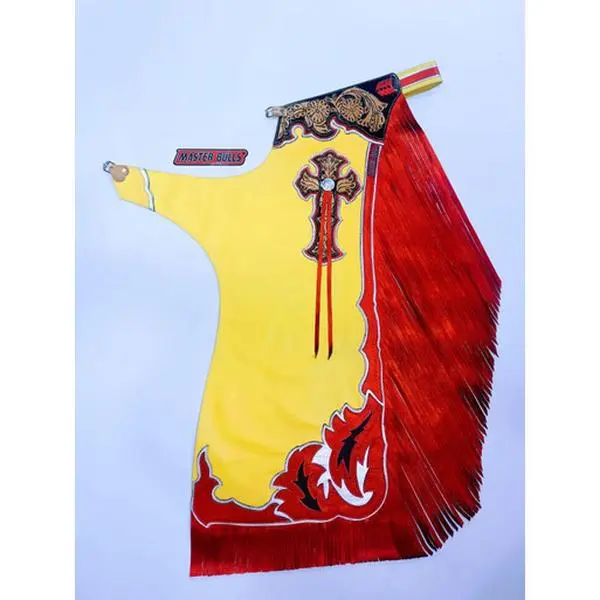 Adult Bull Riding Chaps Yellow & Red w Cross Bull Riding Rodeo Chaps 33"-36" Waist / 42" Height