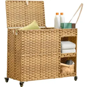 Laundry Hamper with Wheels, 42.3 Gal.(160 L) Laundry Sorter with Shelves, Rattan Clothes Hamper with 4 Removable Liners & 3 Mesh Bags, Handwoven Organizer for bedroom, bathroom, laundry room,