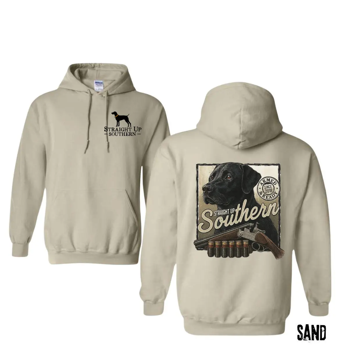 Straight Up Southern Dog Hunt Hoodie Sand - Labrador Retriever Hunting Rifle Graphic Sweatshirt - Country Outdoorsman Men Pullover Hooded Menswear