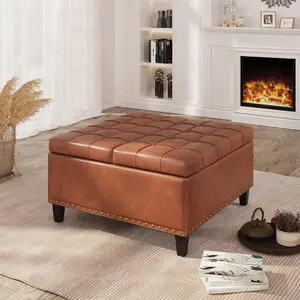 [SummerVibes] Vabches Leather Upholstered Tufted Square Ottoman Coffee Table - Cushioned Interior Furniture with Storage, Oversized Cube Footrest Stool for Living Room, Bedroom