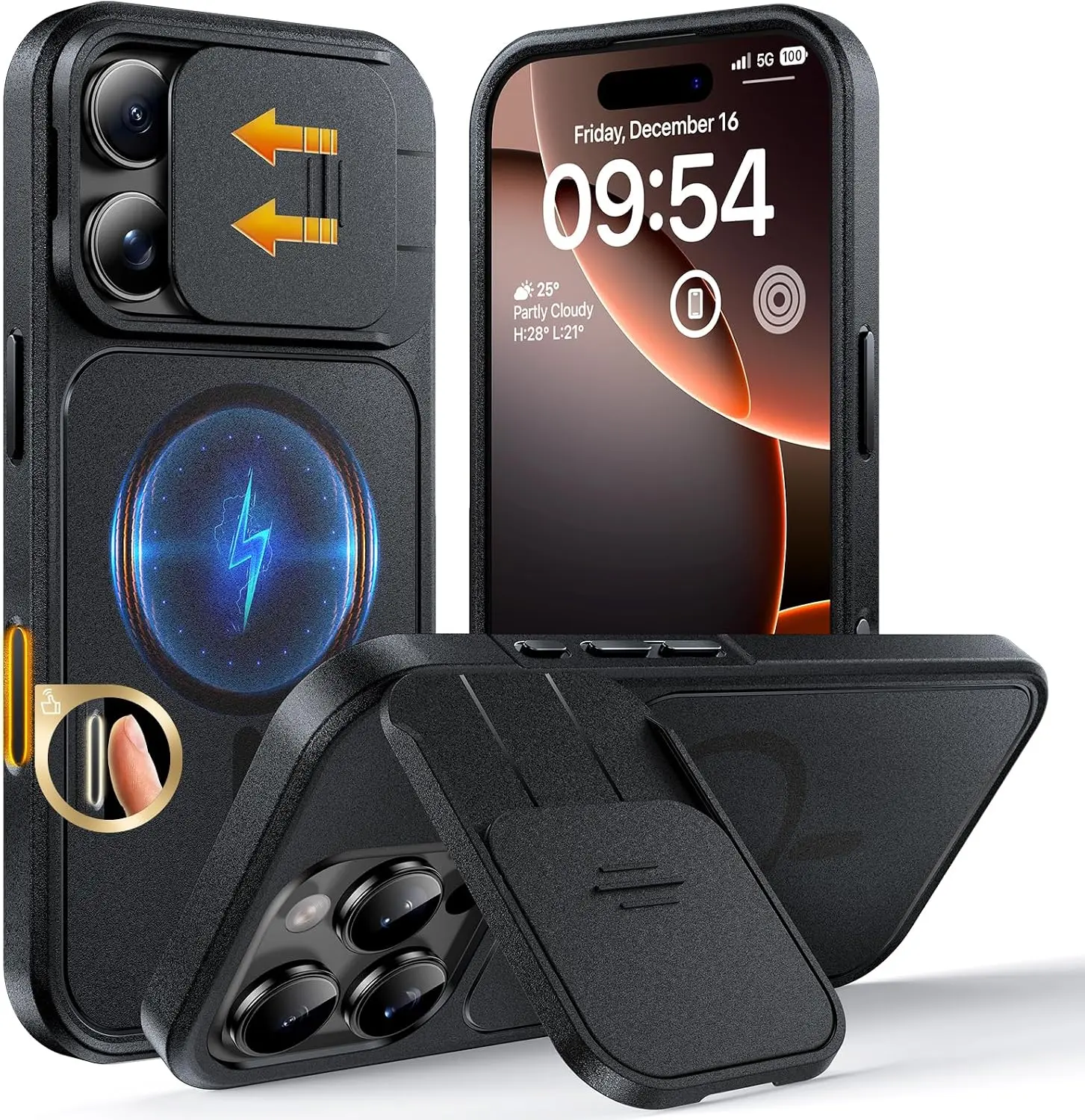for iPhone 16 Pro Max Case with Slide Camera Cover, Kickstand and Camera Control Button, Fit for MagSafe, Rugged Solid Phone Case, Non-Slip, Drop Protection, Space Black