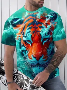 Men's Printed T-Shirt with Vibrant 3D Tiger Design, Bright Round Neck and Short Sleeves, Perfect for Summer Outings and Daily Casual Wear