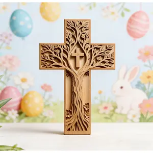 Luminous retro wooden wall hanging cross, Christian wooden art decoration sign, home door wall decoration art sign, living room and bedroom decoration ornaments, religious art gifts, holiday decoration, home decoration door sign