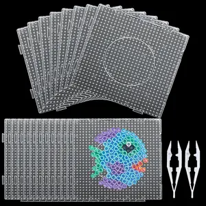 18PCS 5mm Fuse Bead Pegboards Large Plastic Fuse Bead Boards with 2 Bead Tweezers Melty Beads Square Peg Board Kit for DIY Craft
