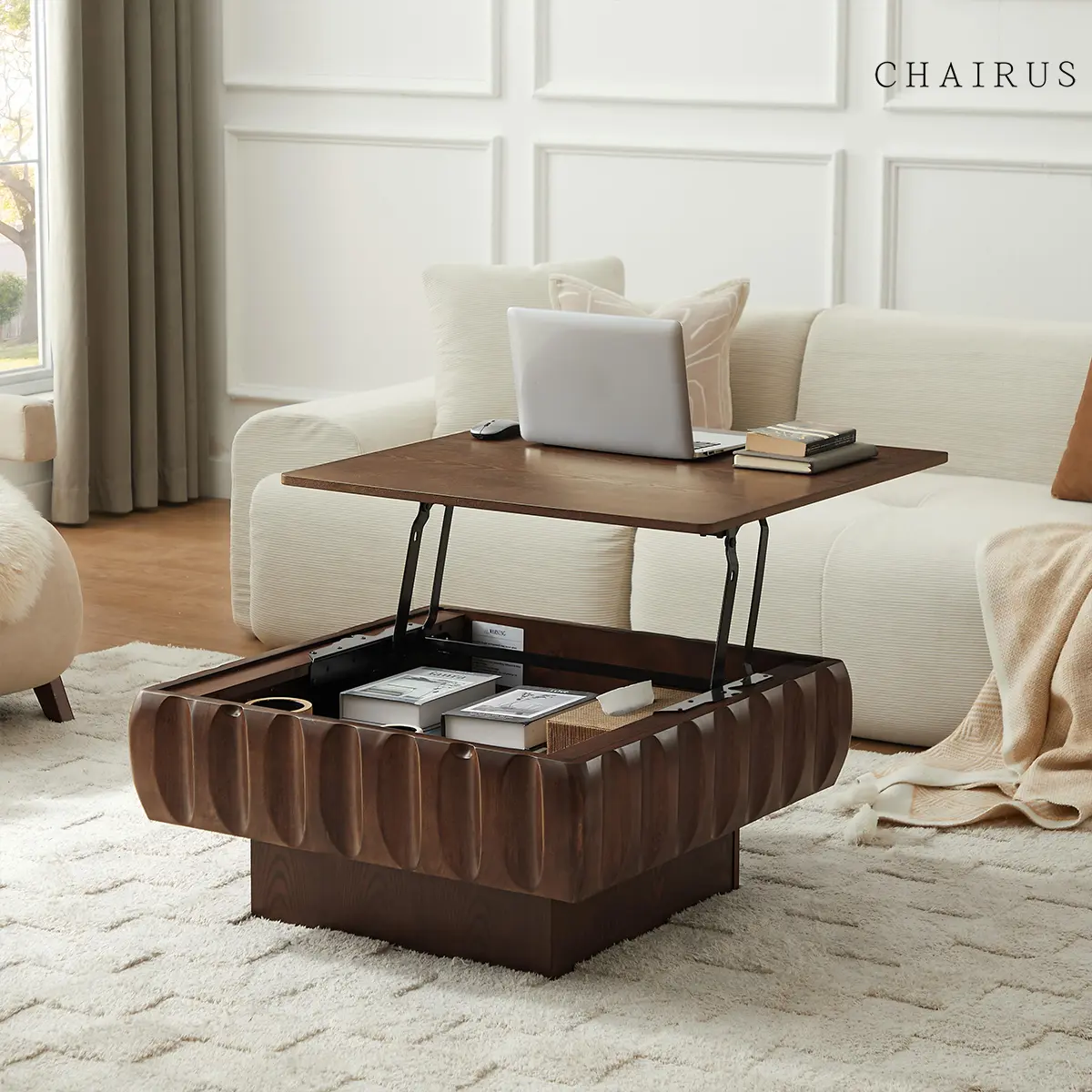 CHAIRUS Square Lift-Top Coffee Table with Solid Wood Frame and Hidden Storage
