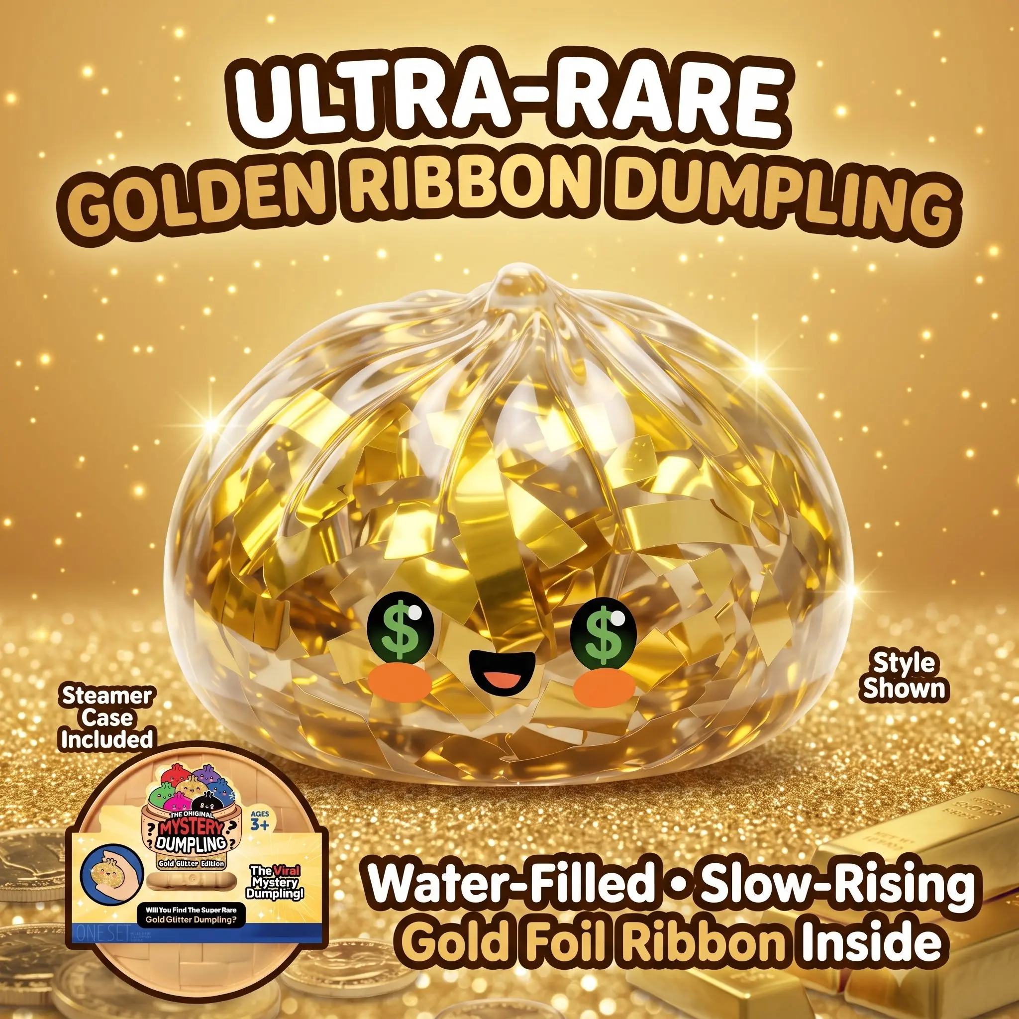 Gold Glitter Dumpling Squishy - Water-Filled Slow-Rising Squishies Toys, Golden Ribbon Sensory Stress Relief Fidget Toy with Steamer Case, Unisex Collectibles, Perfect Gift for Birthdays