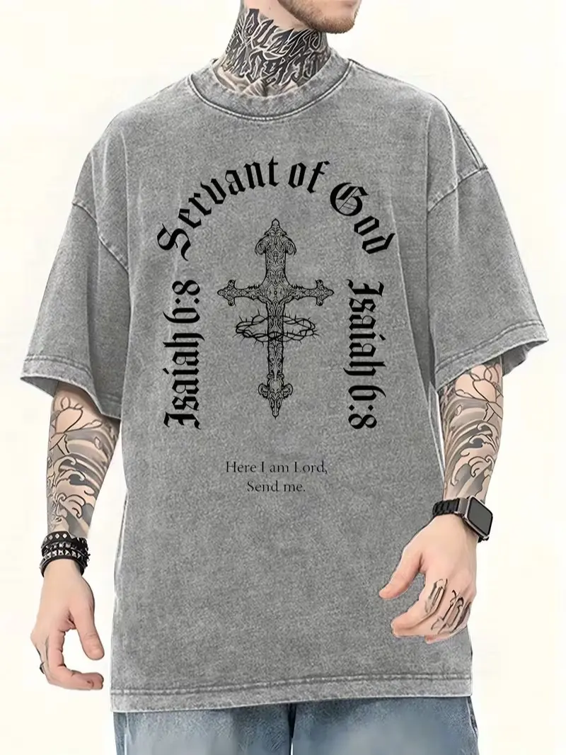 Men's Relaxed Fit Graphic T-Shirt - 100% Cotton Vintage Washed Christian Isaiah 6:8 Crown of Thorns Cross Bible Verse Faith-Inspired Statement Short-Sleeve Casual Breathable Top, Graphic Tees