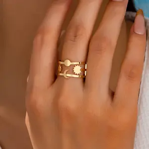 Women's Vintage Celestial Sun Moon Star Motif Open Ring - Adjustable Size, Skin-Friendly, Fashionable, Unique, Ideal for Everyday Casual Wear