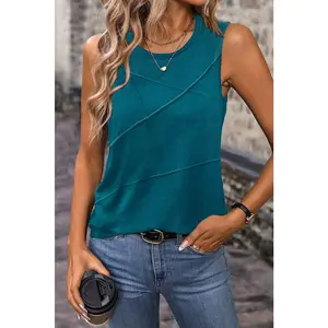Blue Sapphire Solid Color Stitching Detail Round Neck Tank Top