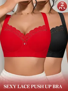2PCS Women's Lace Push-Up Bra , Elegant Chic Underwire Anti‑sagging Adjustable Wide Straps, Wide Underband Anti-Back Bulge Cover Side Breasts Breathable Smooth everyday wear