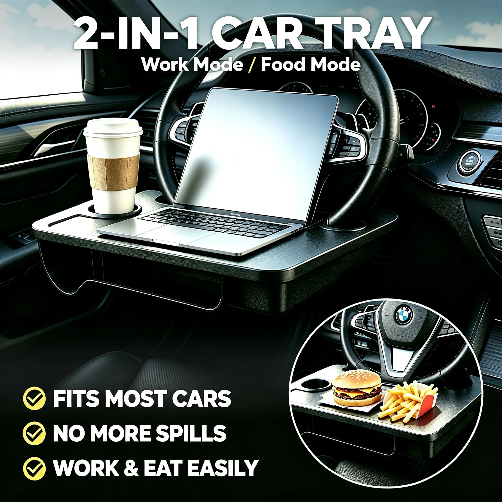 Upgraded 2-in-1 Car Steering Wheel Tray & Seat Gap Organizer | Anti-Spill Cup Holder Laptop Food Desk, Universal Auto Interior Accessory to Eliminate Car Clutter