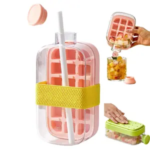 Ice Cube Maker Bottle, Two-In-One Built In Straw Ice Cup, Non-Contact Ice Water Bottle, Easy Press Ice Tray, Suitable for Fridge, Coffee, Juice, Drink