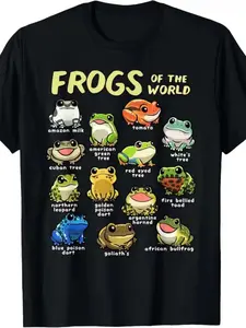 Black T-Shirt with Colorful Frog Graphic And "Frogs of The World" Text, Round Neck Short Sleeve 100% T-Shirt Ultra-Soft, S-XXXL, Breathable for Running
