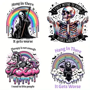 Skull & Letter Pattern Heat Transfer Sticker, 4 Counts/set Heat-pressed Patches for T-shirts and Bags, DIY Clothing Decoration for Scrapbooking & Stamping, DIY Material