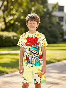 Trendy Boys' 3D Short Sleeve Set, Fun Popcorn Anime Character Prints, Cool Streetwear Two-Piece, Perfect Gift for Holidays & Birthdays