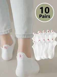 Embroidered Cherry Blossom Women's Ankle Socks, Cute Comfortable Breathable Design, Floral Pattern, Fitted Style, 10 Pairs Pack, All Seasons Wear