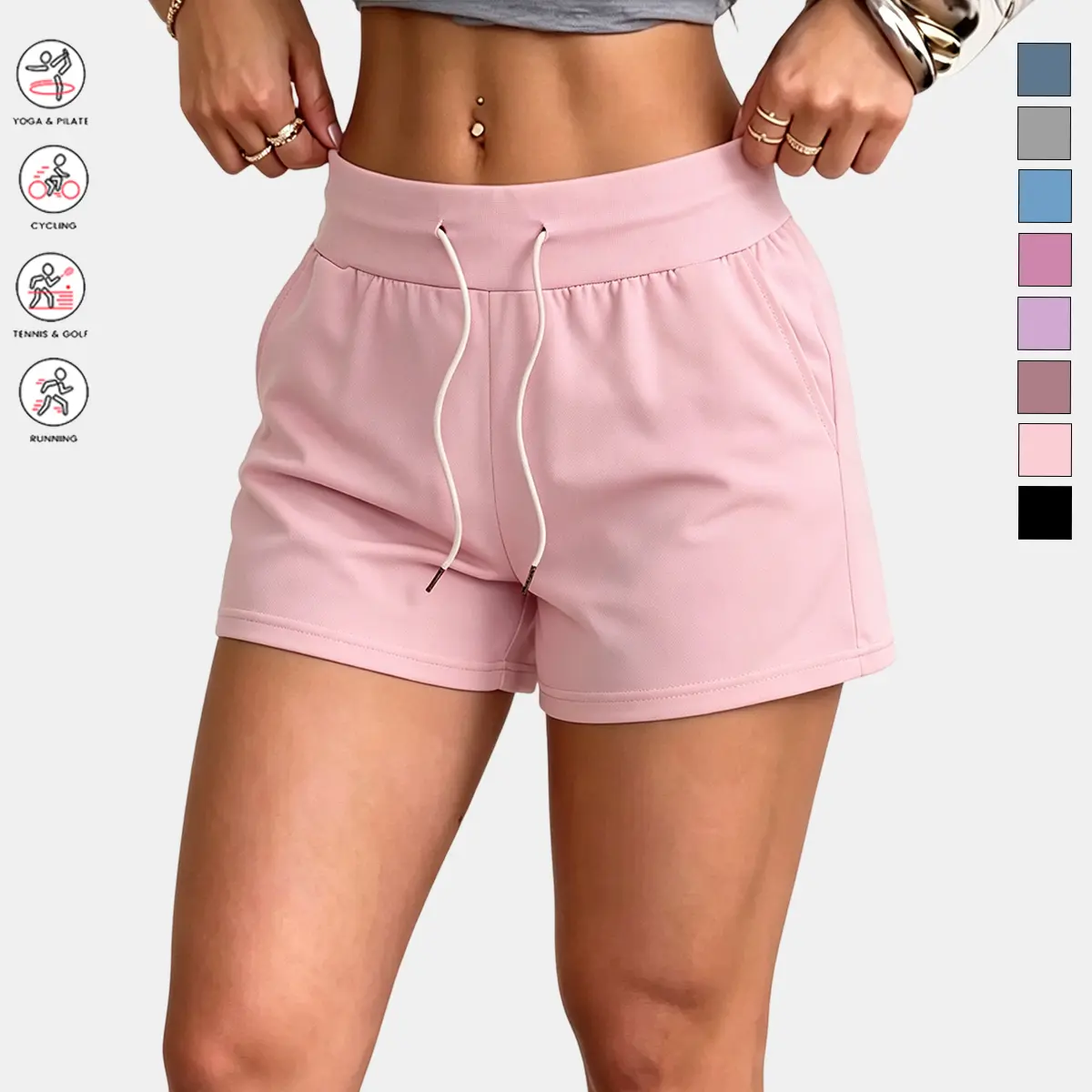 Women's Active Fitted Shorts for Summer, Soft Stretchy with Drawstring Waist for Yoga & Running, Machine Wash, Shorts For Women, Twill, High Stretch, Woven