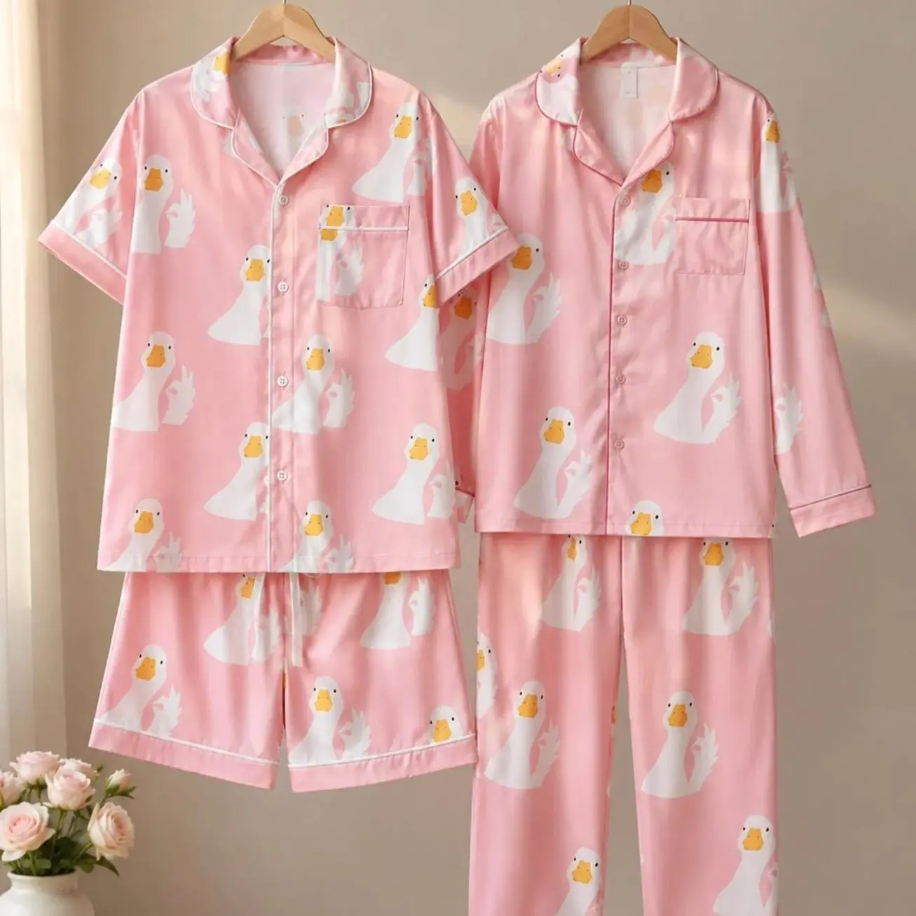 Pink Goose Pajama Set, Duck Pajamas Women, Cute Goose Sleepwear, Satin Pajamas, Long Sleeve Pajamas, Short Sleeve Lounge Set