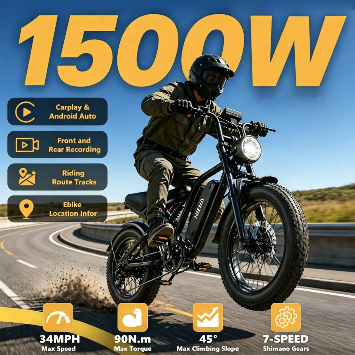 Hieha 2026 New Generation Smart Electric Bike (ebikes) - 1500W High-Speed Motor, 34MPH Top Speed, CarPlay Display, Dual HD Cameras, APP Integration, Waterproof All-Terrain Off-Road Bike, #fathersdaygift,father'sdaygifts