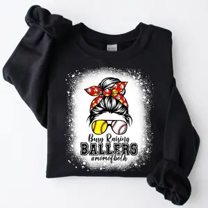 [MADE IN US] Busy Raising Ballers Shirt - Mom of Both Baseball Softball - Messy Bun Graphic Tee