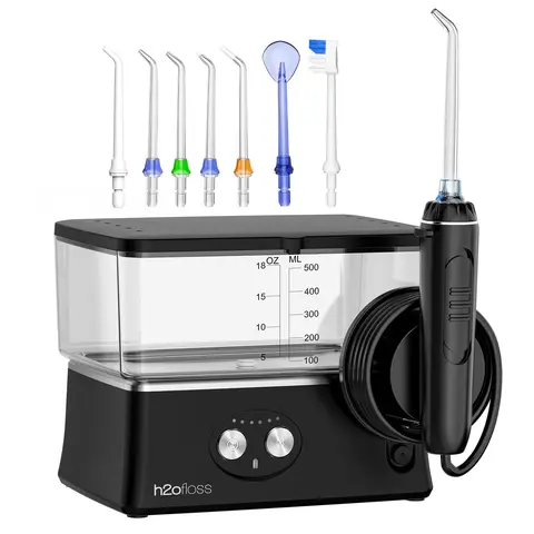 H2ofloss Portable Cordless Oral Irrigator Dental Kit for Adults, 6 Adjustable Water Pressure Settings, 570ml Rechargeable Mouth Care Tool, 50% Smaller for Cramped Bathrooms, 30-Day Battery for Travel, IPX7 Waterproof, Multiple Heads, Black Teeth Cleaner