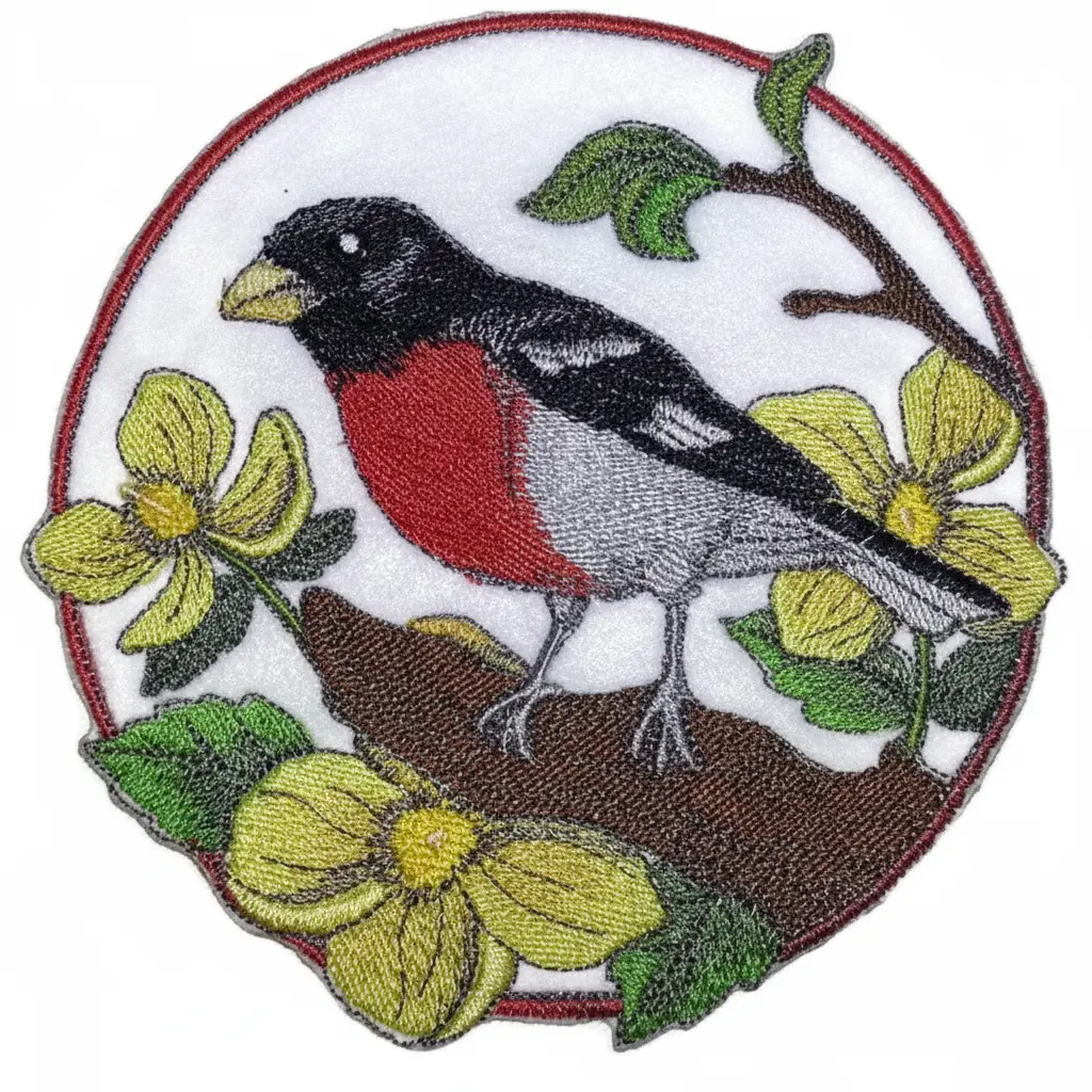 Rose-Breasted Grosbeak & Wood Poppy Circle Woodland Nature Iron-On or Sew-On Design, USA Made Embroidered Patch (5.85" x 5.78") | Iron-On or Sew-On | Rose Applique for Caps, Laptop bags & DIY Fashion