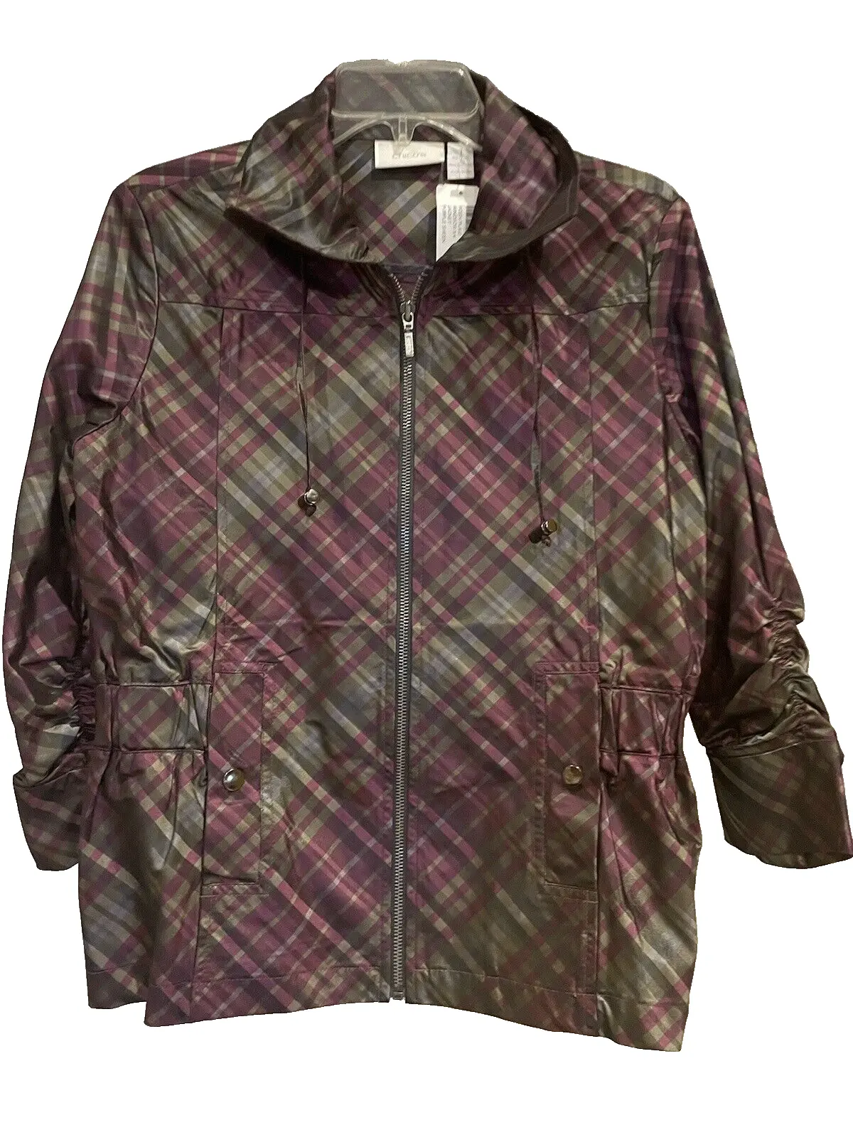 NEW Chicos Jacket Light Weight Coat Purple Plaid 100% Polyester US Womens Sz 1