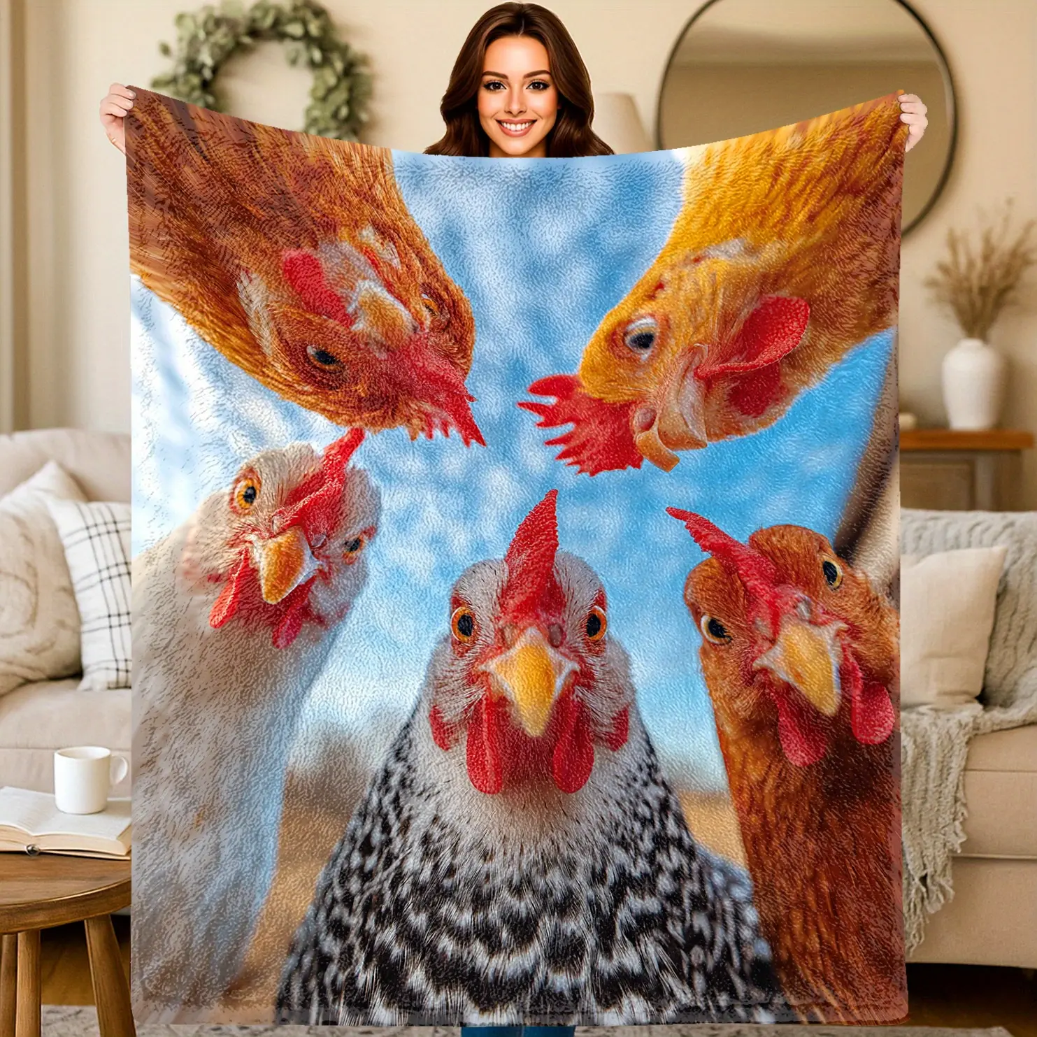 Flannel blanket, fun 2D printed "hen gathering" design, birthday or holiday gift, versatile for sofa/bed/camping/office/travel, machine-washable, pet-friendly festive decor, multiple sizes, suitable for all seasons.
