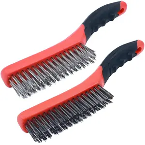 Heavy Duty Wire Brush Set 2 count, Carbon Steel and Stainless Steel Wire Scratch Brush with 10" Curved Plastic Handle for Cleaning Rust, , Welding