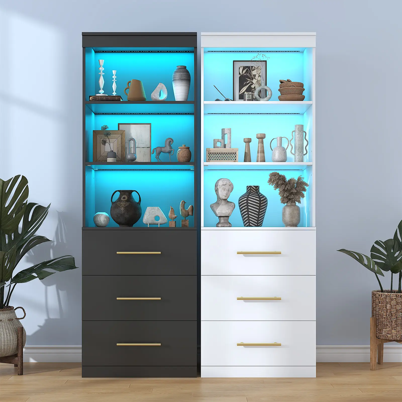 71-in Tall LED Bookshelf with Drawers - 3-Tier Open Shelf Storage Cabinet for Home Office, Living Room (Books Organizer)