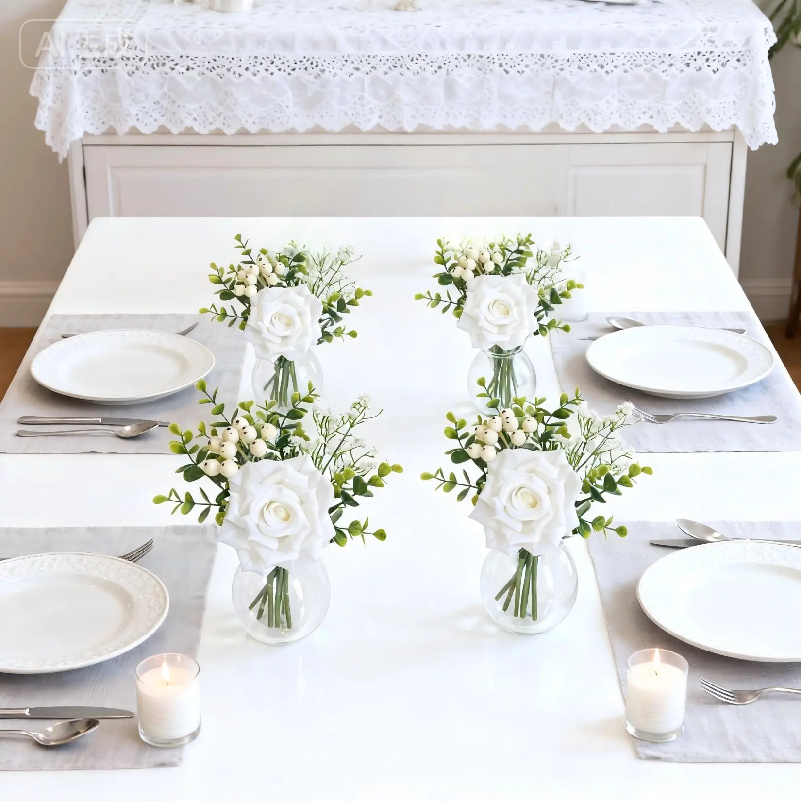 6 Pcs Artificial Flower Centerpieces in Vase, White Rose Eucalyptus Table Decor with Glass Vase & Faux Water, Silk Floral Arrangements for Wedding, Dining Table, Home Decor, Housewarming Gift