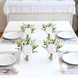 6 Pcs Artificial Flower Centerpieces in Vase, White Rose Eucalyptus Table Decor with Glass Vase & Faux Water, Silk Floral Arrangements for Wedding, Dining Table, Home Decor, Housewarming Gift