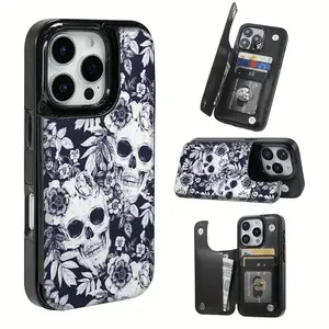 Skull flower The practical phone case with pattern design features a card slot and multiple functions such as bank cards and public transportation cards. It is suitable for iPhone17 16 15 14 13 12 PRO MAX PLUS,AIR series
