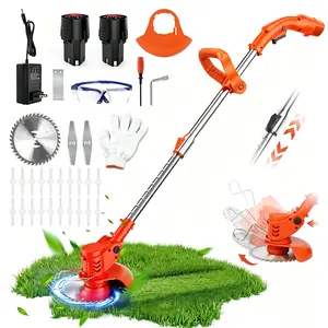Brushless lawn mower, electric lawn mower, 2 x 7500mah (1500mah x 5) batteries, 1 pair of gloves, 3 metal blades, 3 metal blades, 6 plastic blades, safety goggles, 2 wrenches, US plug, maximum length 142cm. Maximum power 800W, rotational speed 18000 rpm.