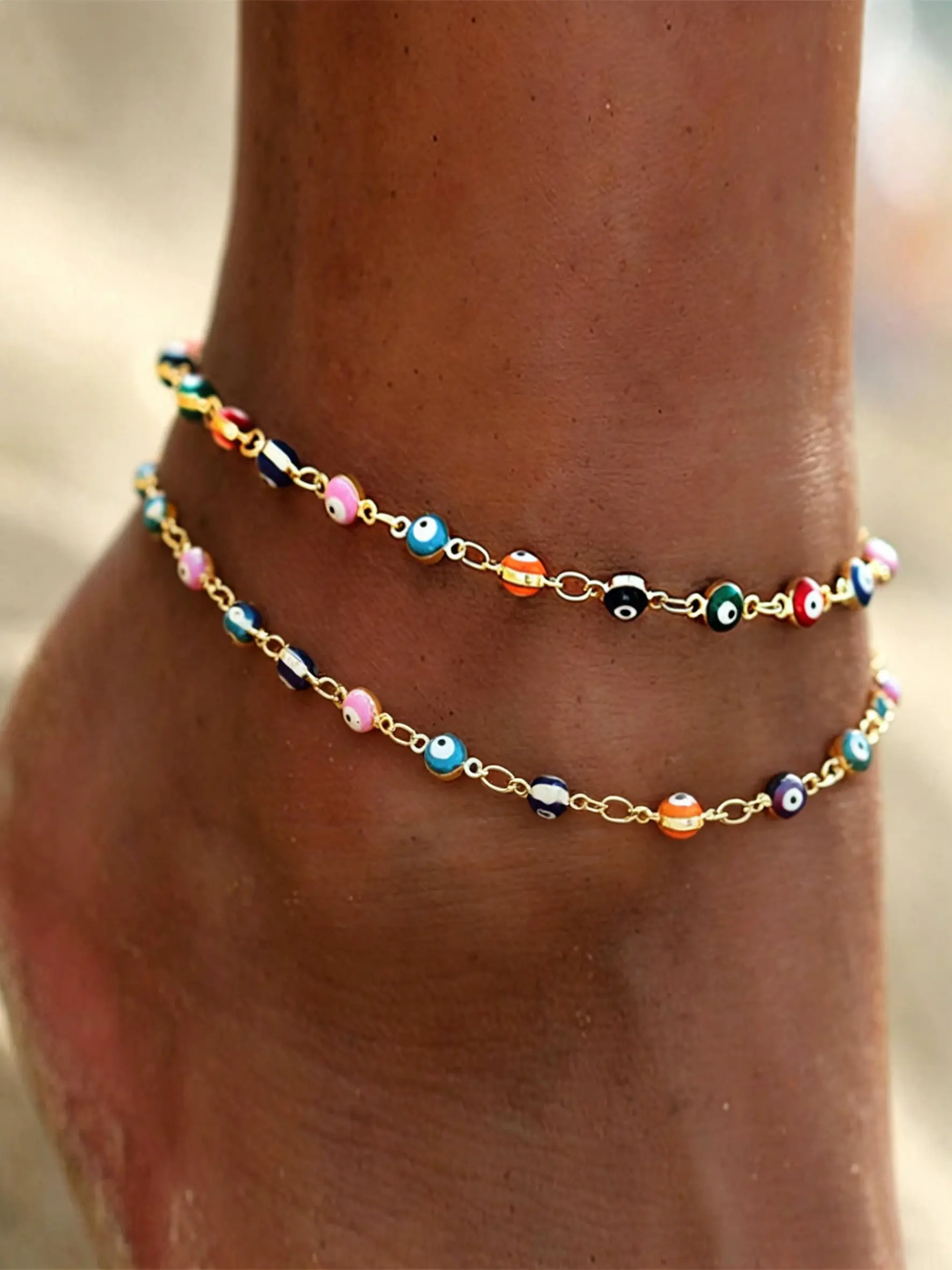 Lucky Evil Eye Beads Anklet Bracelet 2Pcs Beaded Stainless Steel Chain Handmade Adjustable Protection Amulet Anklet Good Luck Summer Beach Holiday Foot Jewelry Trendy Jewelry Gift