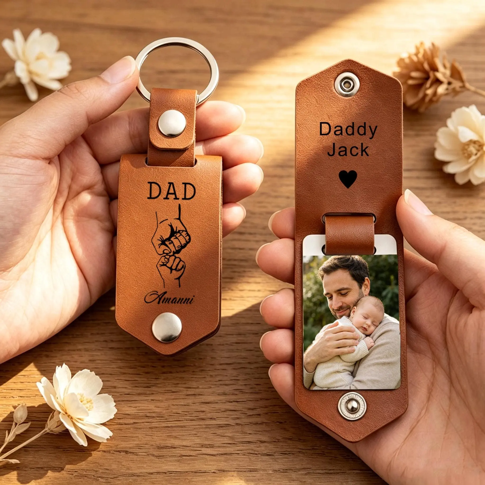 Custom Photo Keychain for Father,Father's Day Fist Bump Leather Keychain with Kids Names,Fahters Day Keychain Gift from Kids,Gift for Dad