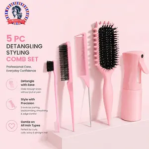 WANMEI 5 Pc Detangling Styling Comb Set Curl Candy Bursh Curved Rat Tail Comb Edge Control Brush Professional Hairdressing Tools