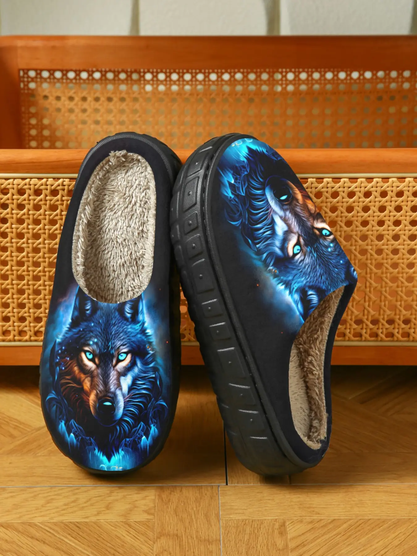 Blue Wolf Plush Slippers, Cool Dark Style, Fleece Warm, Soft Feel, Autumn Winter Home Shoes, Animal Lovers, Casual Fashion