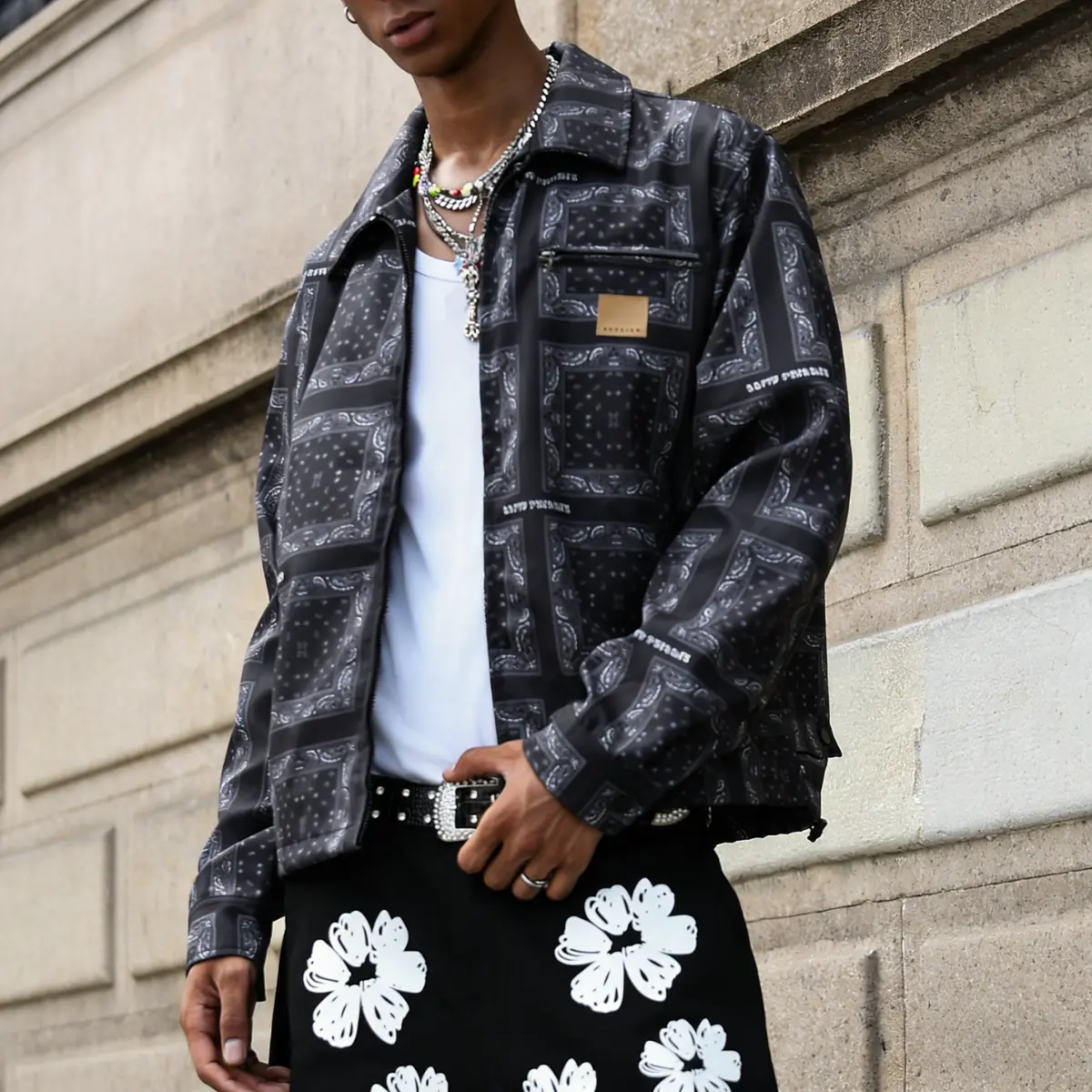 Men’s Unique Paisley Patchwork Jacket, Trendy Zip-Up Collared Jacket for Street Style, Fall & Everyday Fashion